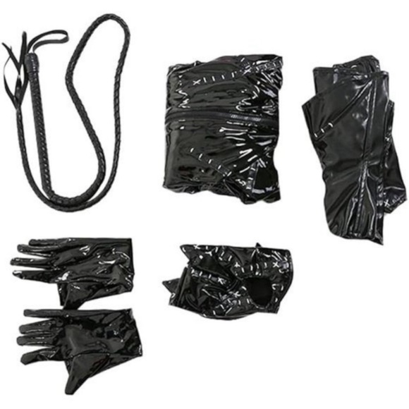 Cat Woman Halloween Costume One Piece Jumpsuit Hooded Bodysuit Gloves Mask Whip - Picture 2 of 7